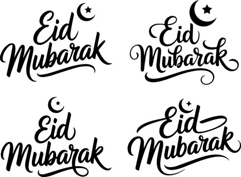 Hand-Drawn Eid Mubarak Calligraphy Set with Moon and Star Accents