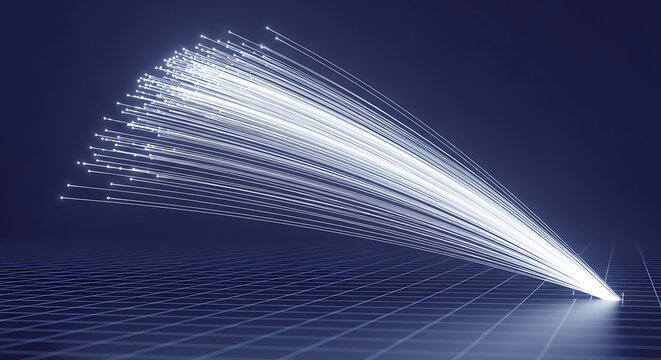 neon light trail on dark background with grid floor, technology concept