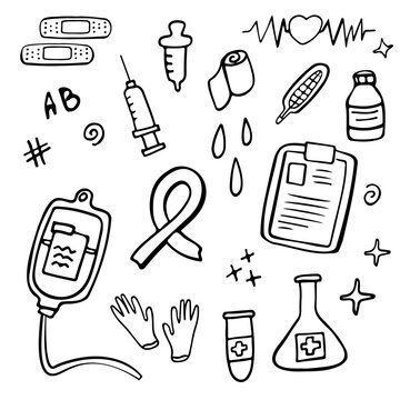 Blood Donation and Laboratory Analysis Doodle Set Vector Illustration