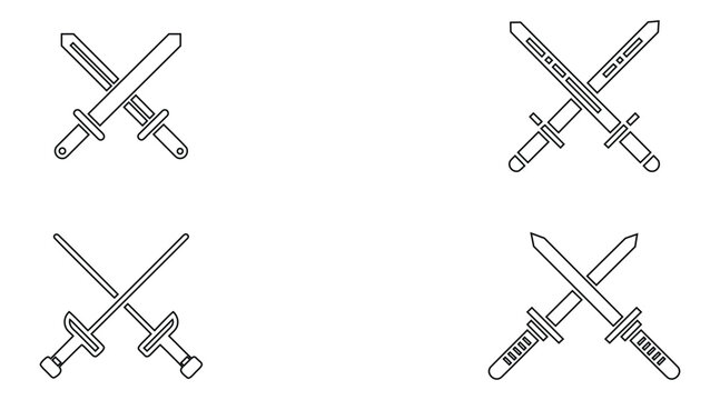Crossed sword line icon set, pirate saber scimitar sword saber weapon icon outline vector illustration