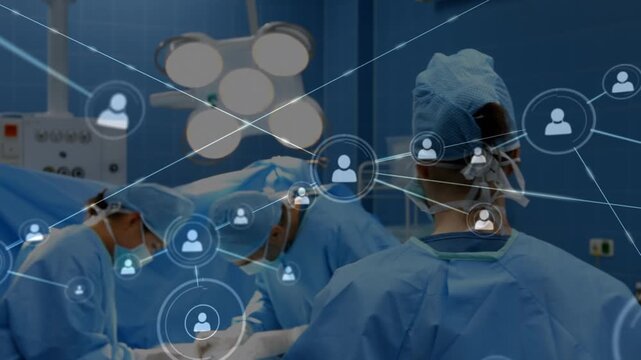 Animation of network of connections over diverse surgeons during surgery