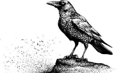 Fototapeta premium Black and white raven stippling art standing on rock for vintage design concepts