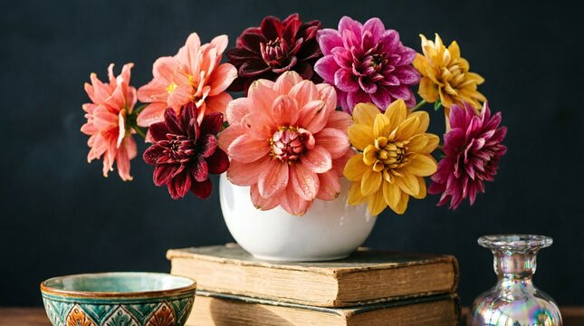 Beautiful arrangement of vibrant dahlia flowers in white ceramic vase placed on stacked vintage books with decorative bowls, dark background, warm natural lighting, elegant home decor lifestyle compos