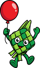 Obraz premium green Ramadan ketupat cartoon vector jumping holding balloon