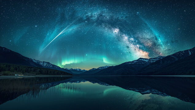 オーロラの気配と流星が彩る湖と山の幻想夜景
