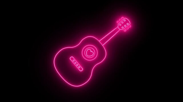 Glowing neon line guitar icon animation. Music Concert Entertainment Concept. Glowing Electric Bass Guitar Icon in Neon Lines on Black Background. 4K Video Motion Graphic Animation.
