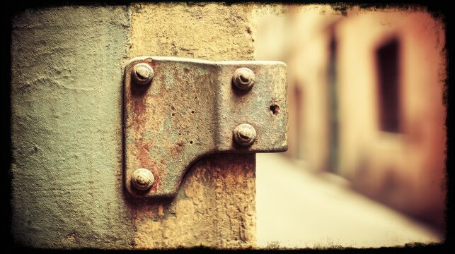 A vintage-style, close-up photo of a rusty metal hinge on a weathered post, with a soft-focus, sunlit alleyway in the background.