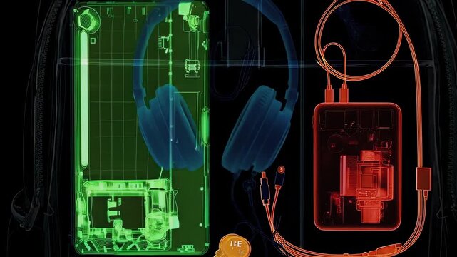backpack scanned through x-ray system, security inspection reveals electronic devices and personal items inside bag, close-up view of screening process in checkpoint environment, safety control 