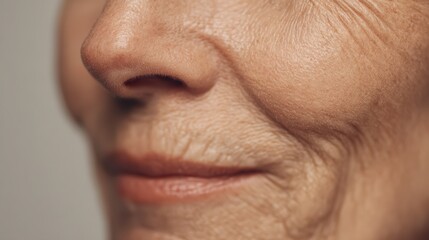 Fototapeta premium Close-up facial skin of elderly woman, subtle wrinkles and fine lines, clean minimal background, soft warm light, realistic aging beauty, cinematic realism, 8k
