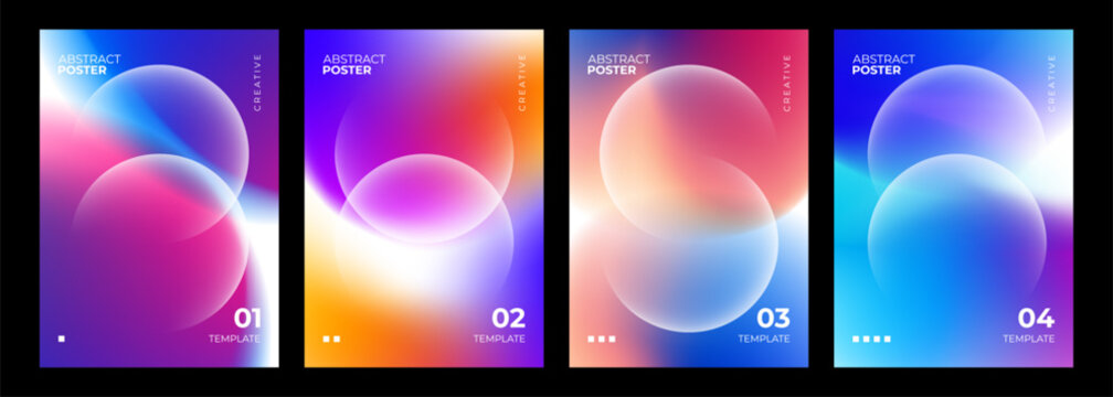 Futuristic abstract posters collection. Vibrant blurred gradients and defocused white spheres for creative graphic design. Vector illustration.