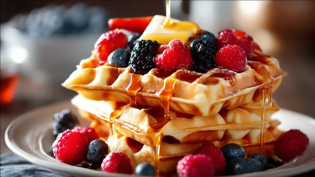 Golden waffles stacked high, topped with blueberries and raspberries; melting butter and warm syrup cascade down the sides as fresh berries frame the plate in a delectable brunch scene