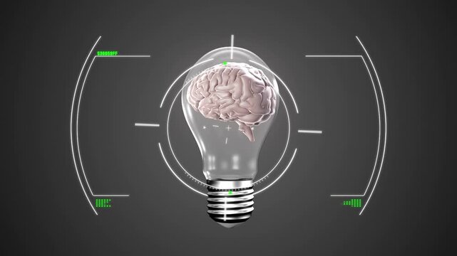Animation of glitch over viewfinder and bulb with brain on grey background