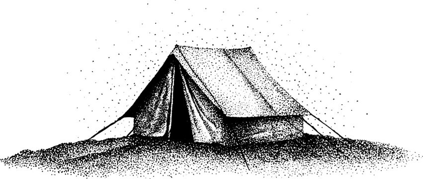 Black and white stippling art with tent and sacred geometry halo for spiritual design