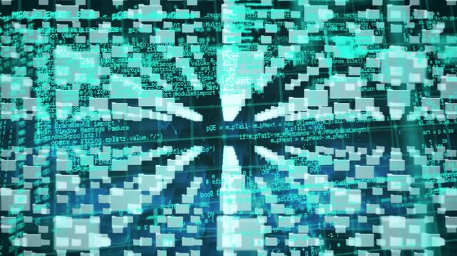 Animation of folder icons and security padlock icon against data processing over grid network