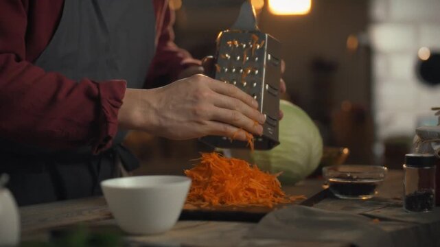 A cook, clad in an apron, meticulously inspects grated carrots on a kitchen work surface, utilizing a precise tool for expert cutting and culinary preparation