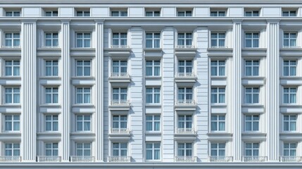 Obraz premium A symmetrical, multi-story building facade with repeating windows, classical details, and a muted, light color palette