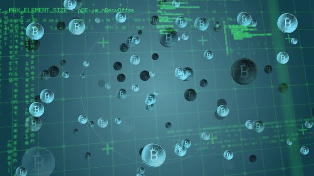 Animation of bitcoin symbols and abstract circular shape over data processing on blue background