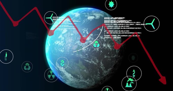 Animation of globe of network of connections with icons over globe
