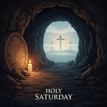 A holy saturday scene with a candle in a cave