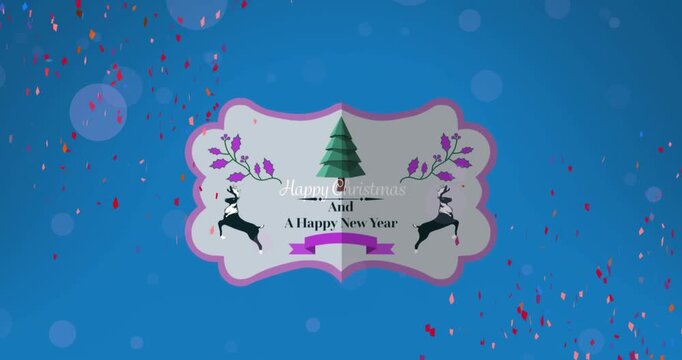 Animation of happy christmas text over snow falling on pink background