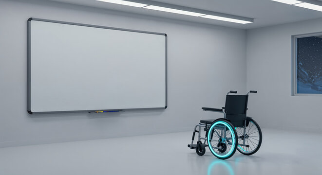 Wheelchair and empty school blackboard on dark gray background. Medical equipment at classroom, education access for disabled students concept. 3d illustration