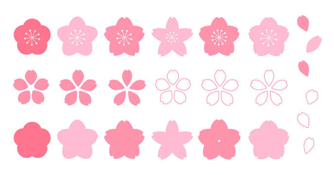 桜の花イラストセット（シルエット・線画・花びらパーツ素材）