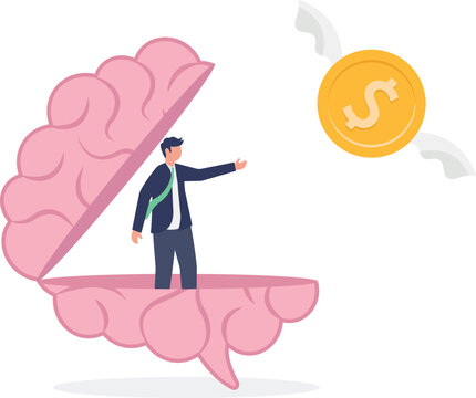 Professional standing inside a giant brain reaching for a coin