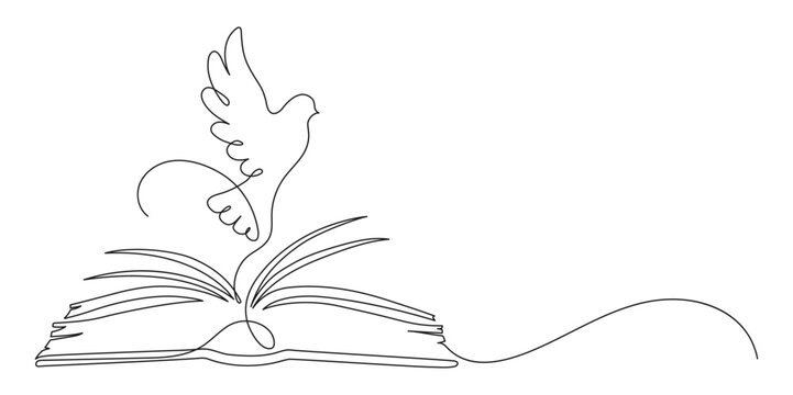 Holy Bible. Dove over open book. Continuous line drawing. Christianity religion concept. Frame border.