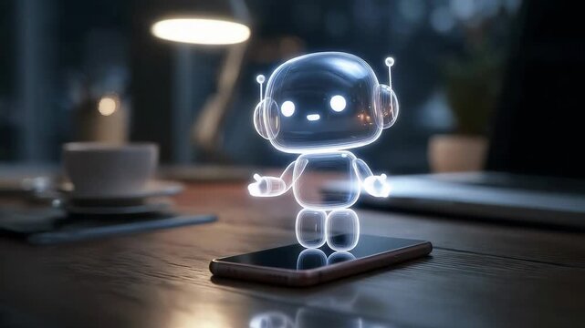 A translucent, glowing robot figure stands on a smartphone on a wooden table in a dim, cozy room; its face shines with two bright eyes, casting a soft futuristic glow