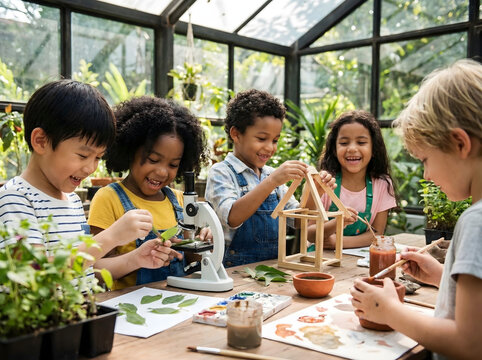 Multicultural children learning and playing together in creative classroom environment