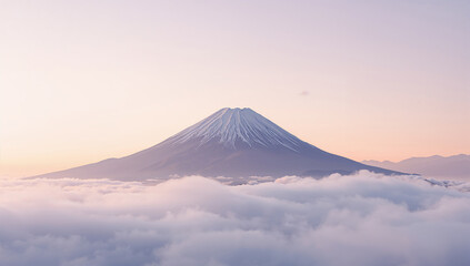 Fototapeta premium 広い空の余白を生かして雲海の上に富士山が広がる朝の背景風景