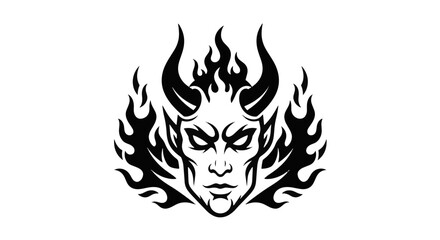 Naklejka premium Devil Face Illustration with Horns and Fiery Flames Depicting an Evil Demonic Entity