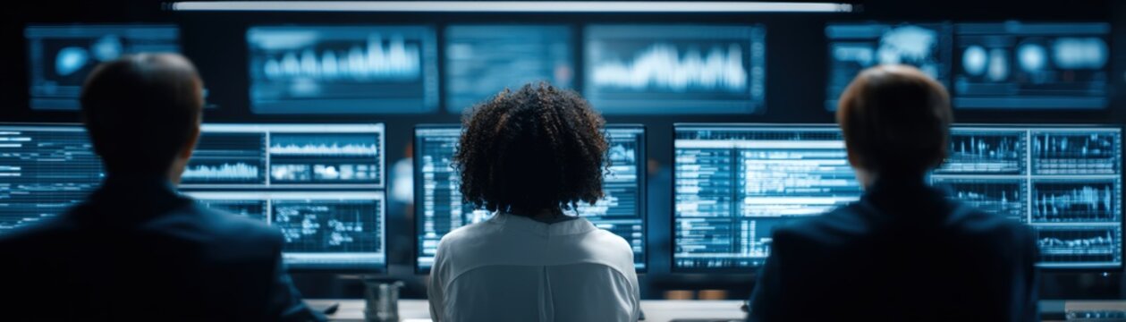 Three professionals monitor multiple data screens in a high-tech control room, analyzing real-time information for cybersecurity or network operations, Medical AI technology during war