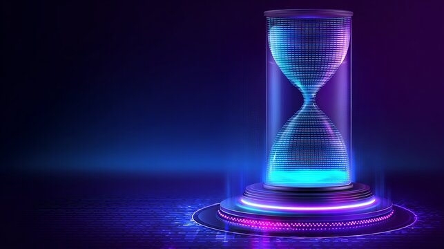 Glowing digital hourglass with blue and purple neon light grid pattern on a circular platform