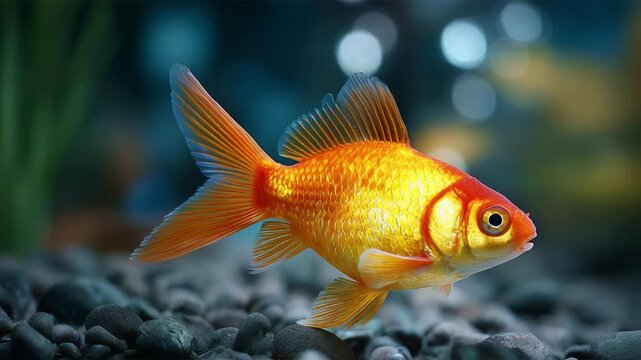 A Vibrant Goldfish Swimming Gracefully in an Aquarium Setting Surrounded by Colorful Stones and Ethereal Light Reflections Underwater