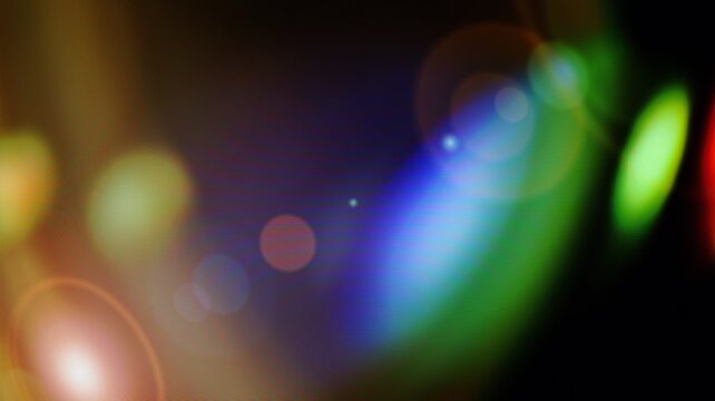 Lens flare, colorful bokeh light leaks, dark anamorphic background, rainbow prism effects, scanline texture, cinematic optical overlay for professional video editing