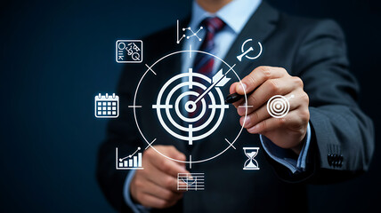 Fototapeta premium Businessman hand with stylus, touching target with arrow, business objectives, strategic planning, goal setting, KPI indicators, icons around, dark blue background