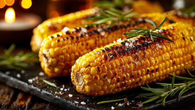 A grilled corn cob on a plate, placed on a wooden table, makes for a delicious homemade snack and tasty food