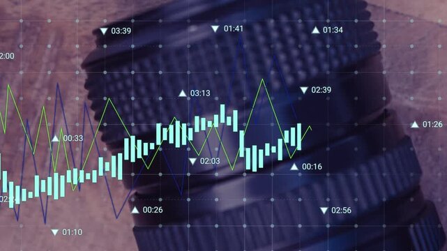 Animation of multiple graphs and changing numbers with grid pattern over camera on table