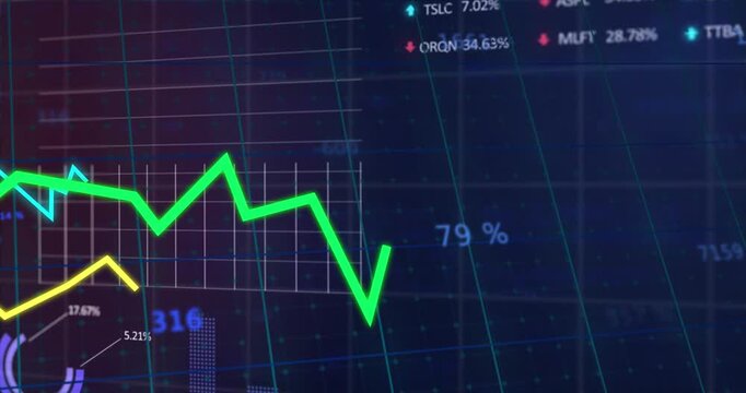 Animation of statistical and stock market data processing against blue background