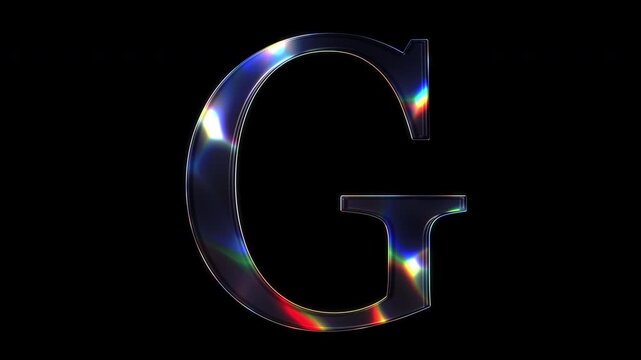 A uppercase letter "G" shimmering with various colored lights on a glass-like surface with an alpha channel. Serif font. Seamless loop video.