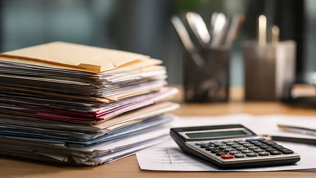 Office desk with stacked paperwork and calculator. Financial accounting and administrative workload concept for business operations.