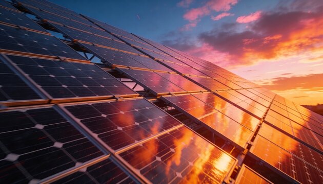 Vertical video: Sunlight hitting solar panels casting sunset glints and visualizing energy graph