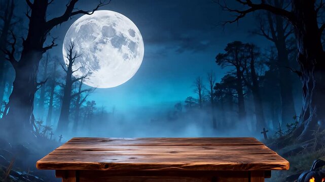 Wooden table under full moon in forest