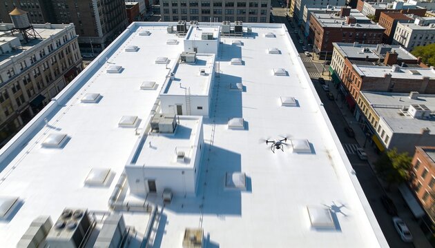 Hovering quadcopter drone surveying large flat commercial rooftop downtown, with skylights and HVAC