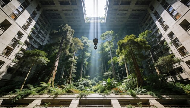 Showing vertical courtyard with trees and ferns within concrete complex, crane hook hanging
