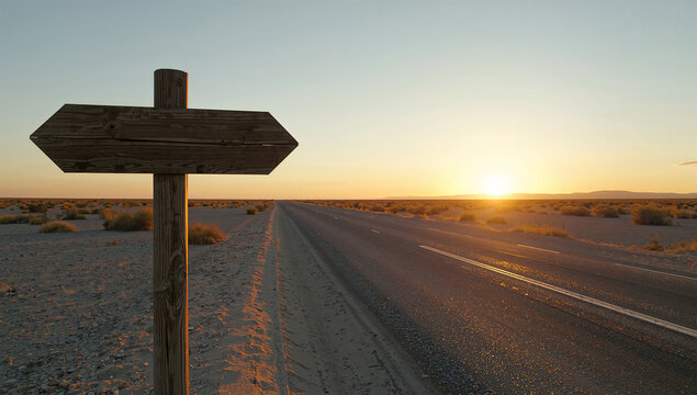 夕焼けの荒野で木製案内板が進む方向を示す分岐路の風景