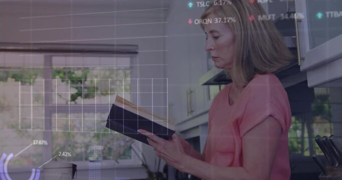 Animation of stock market data processing over caucasian senior woman reading a book at home