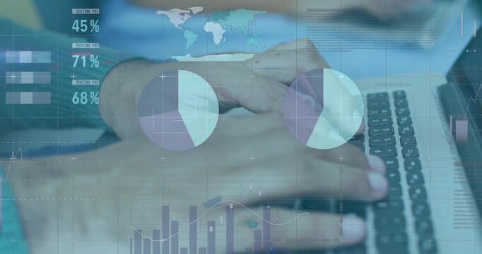 Animation of infographic interface over cropped hands of caucasian man working on laptop