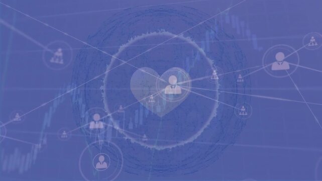 Animation of network of connections with icons over diagram and heart